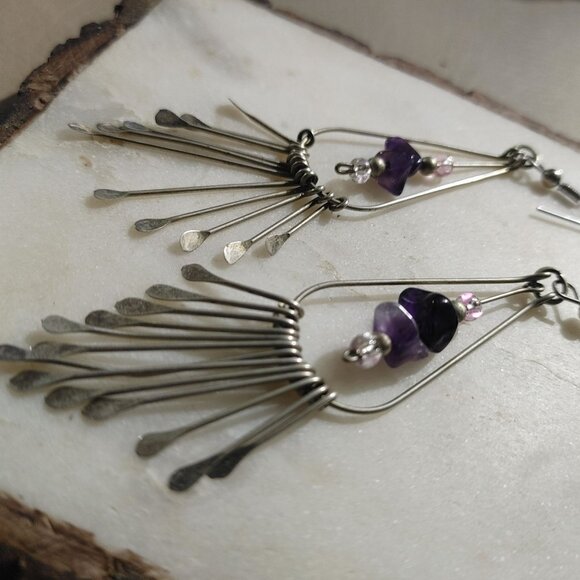 Long Vintage Silver Dangle Earrings Purple  Amethyst  Pearl Beads Fringe - Picture 8 of 9